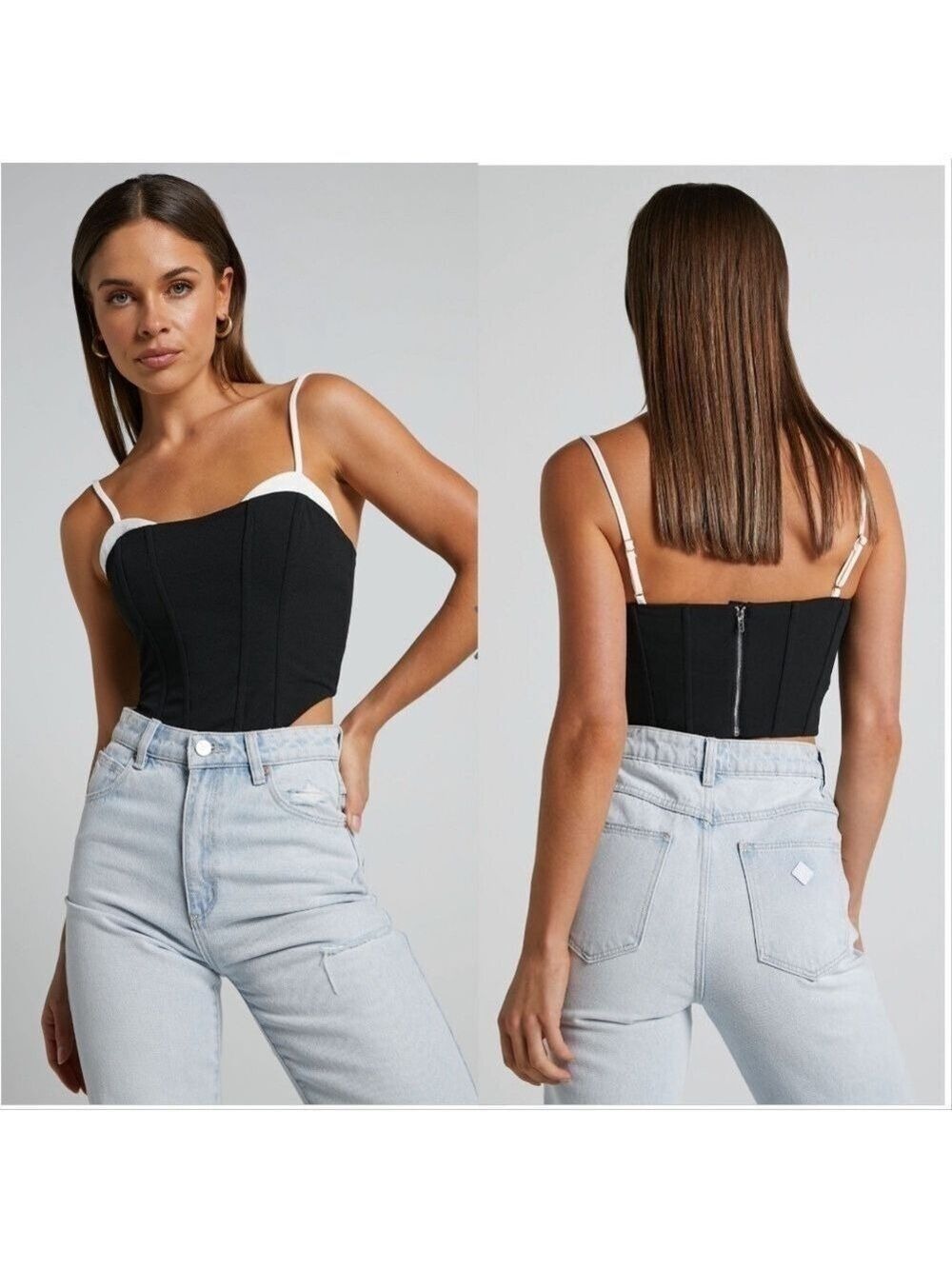 SHOWPO BONNE TOP - FAUX BRA DETAIL PANELLED CORSET TOP IN BLACK AND WHITE